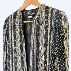 VTG Silk Beaded Sequin Jacket Black Gold Formal Blazer Womens 8 Cocktail Holiday